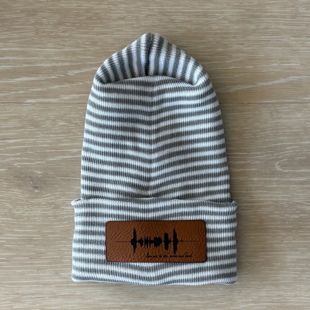 NEW Love You To The Moon Cotton Baby Beanie Newborn Gray White Stripe Minimalist